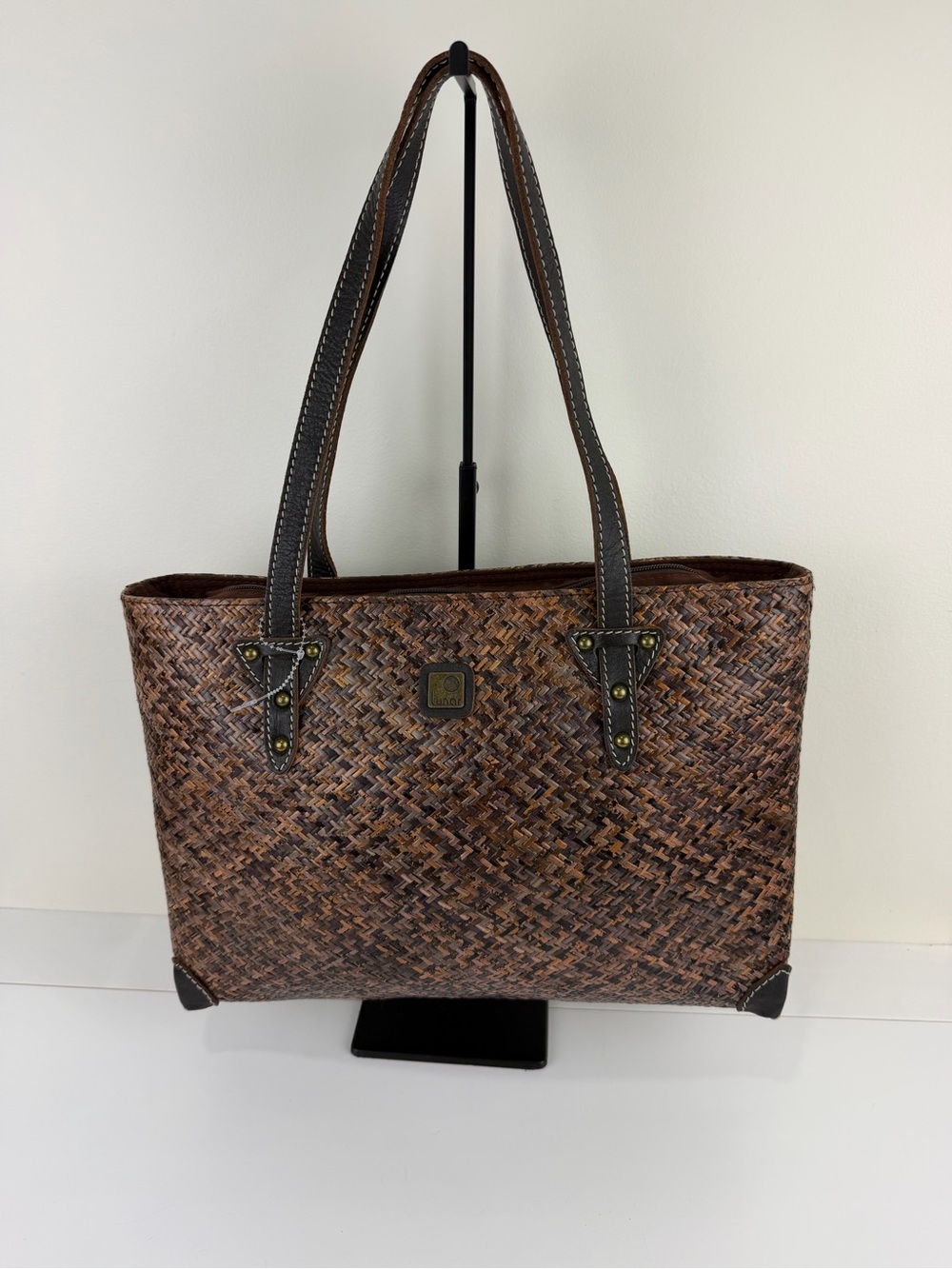 Lunar Woven Natural Fiber Tote Bag Brown Zip Top Shoulder Shopper NWOT